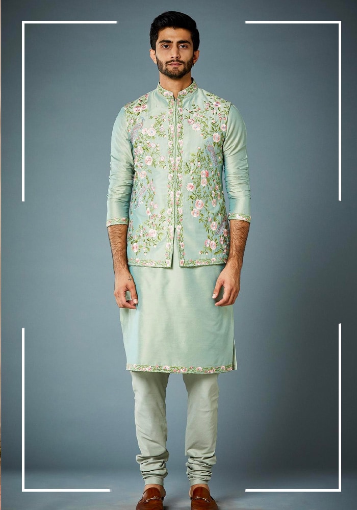 Green Jacket Fauna Embroidered Bundi And Kurta Set