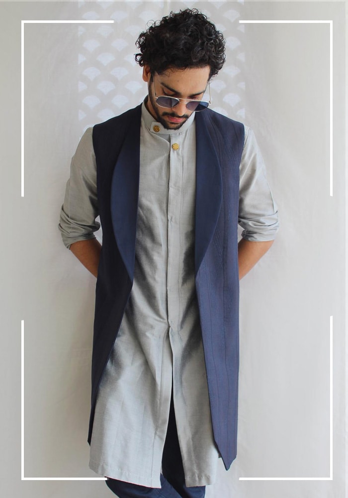 Blue French Terry Kurta And Embroidered Jacket Set