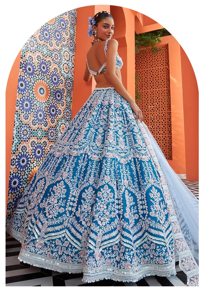 Blue Floral Embroidered Lehenga | Aza Fashions