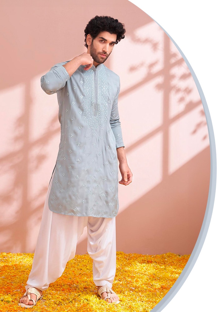 Blue Mirror Embroidered Kurta Set | Aza Fashions