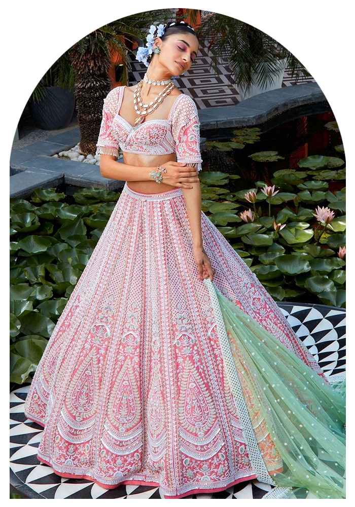  Coral Embroidered Lehenga Set | Aza Fashions