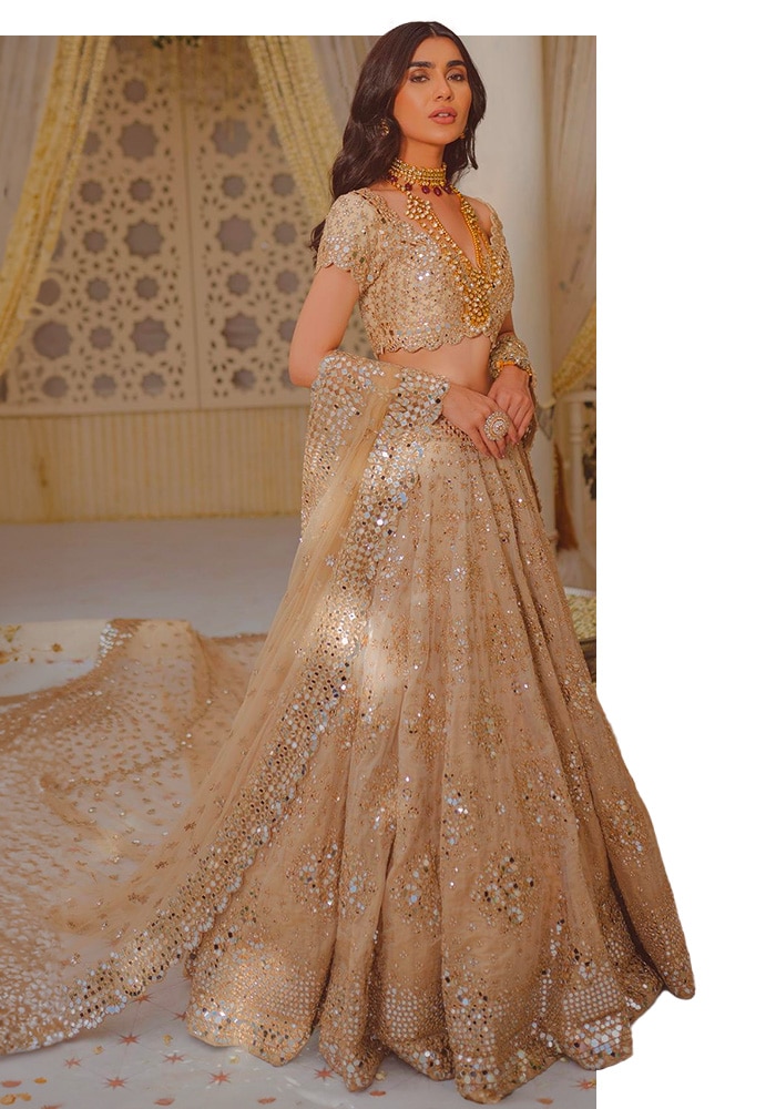 Gold Tissue Mirror Work Lehenga Set for D'day Glamour