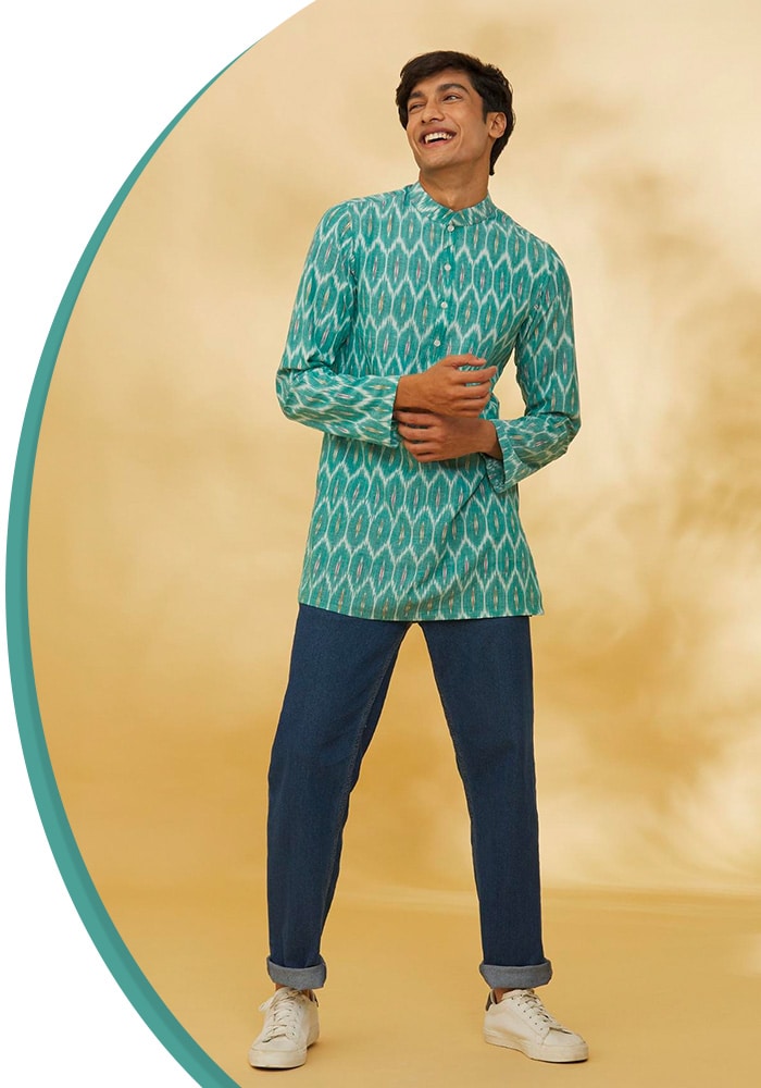 Green Cotton Short Kurta | Aza Fashions