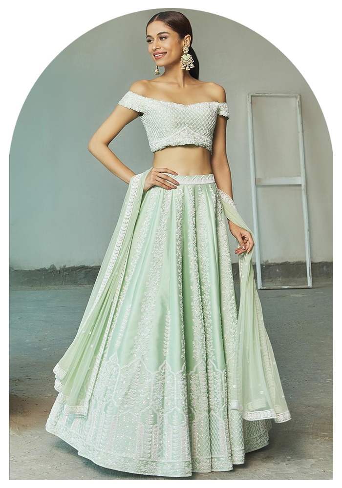 Green Off-Shoulder Embroidered Lehenga | Aza Fashions