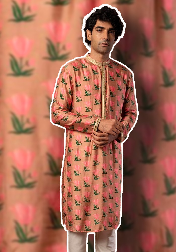 Pink Raw Silk Tulip Print Kurta