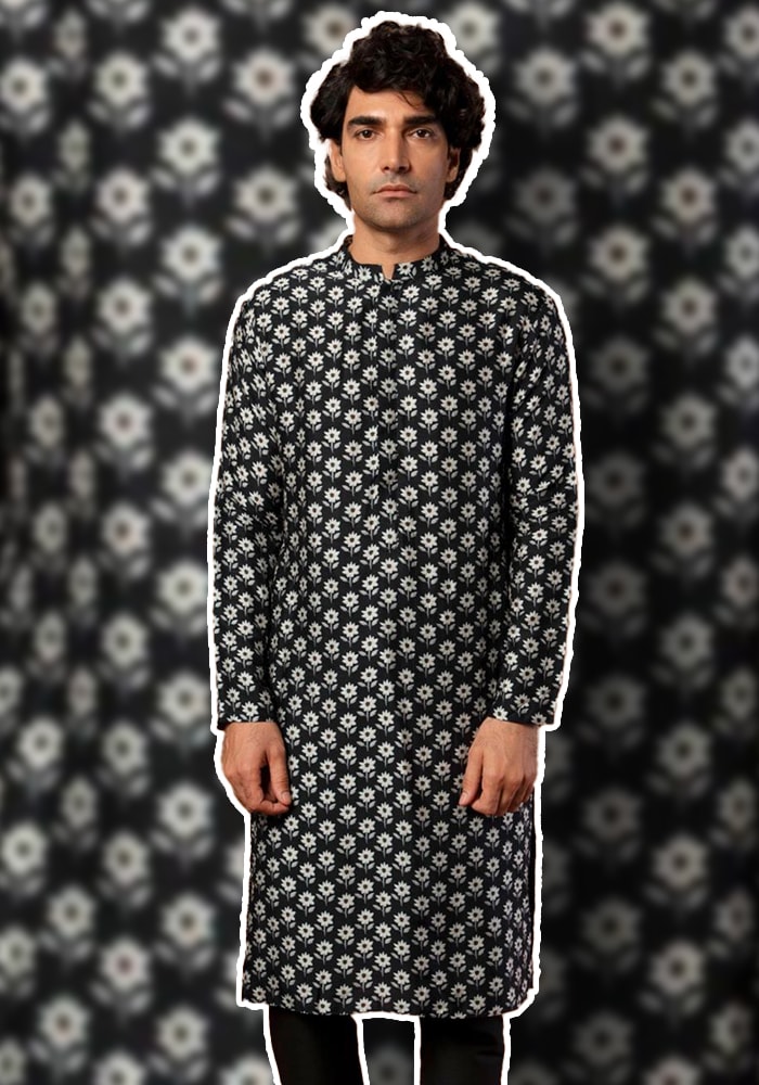 Black Raw Silk Star Puff Print Kurta