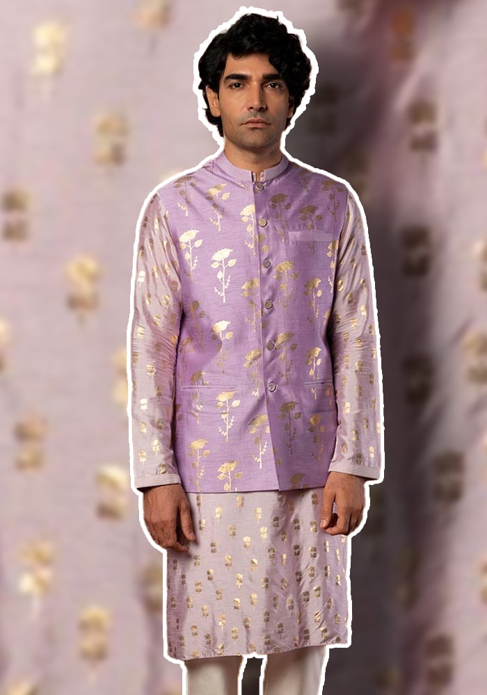 Purple Raw Silk Periwinkle Foil Print Bundi And Kurta Set