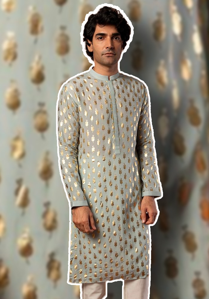 Grey Crepe Teardrop Foil Print Kurta