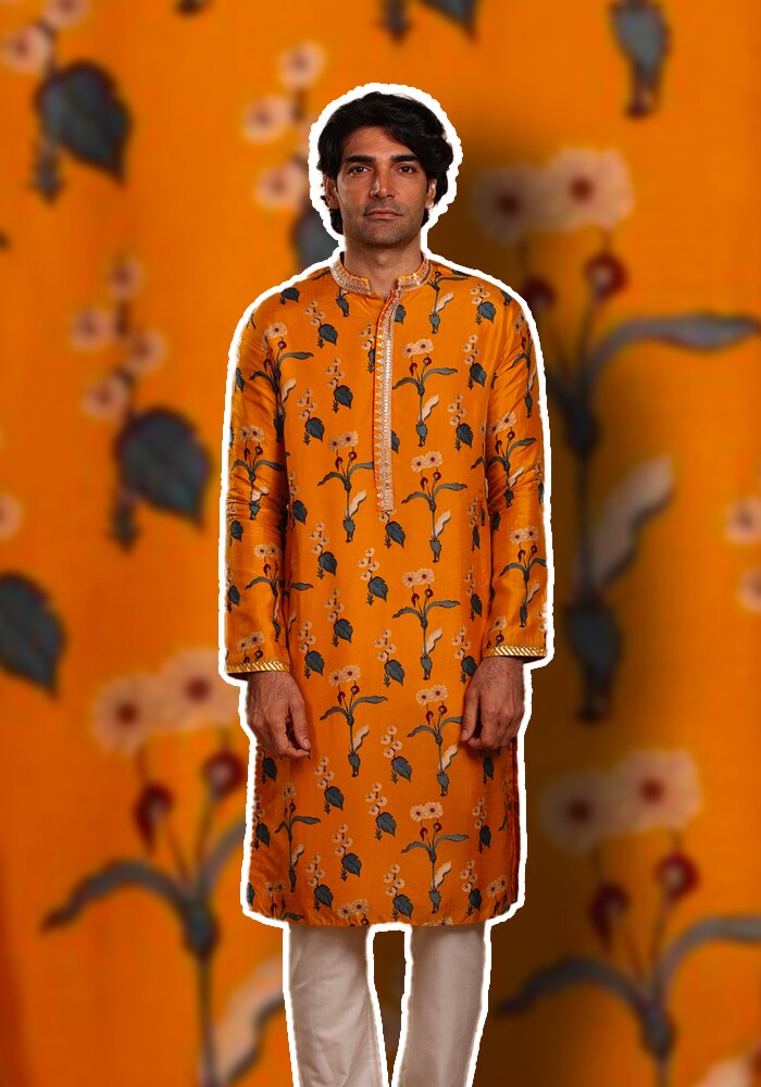 Yellow Raw Silk Spring Blossom Kurta