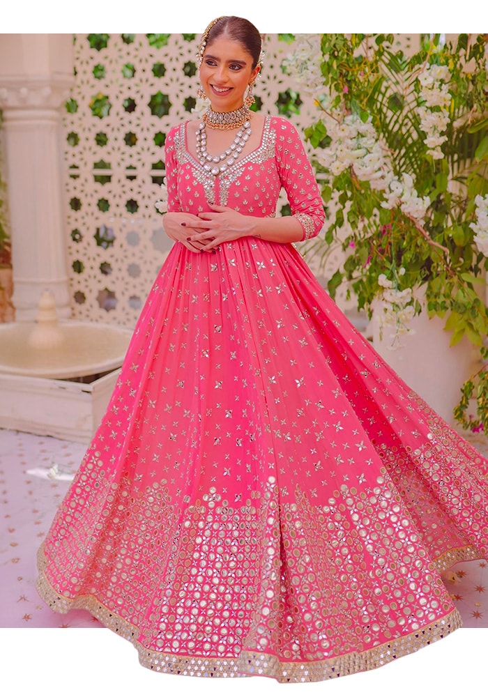 Pink Chanderi Silk Mirror Work Anarkali for Sangeet Night