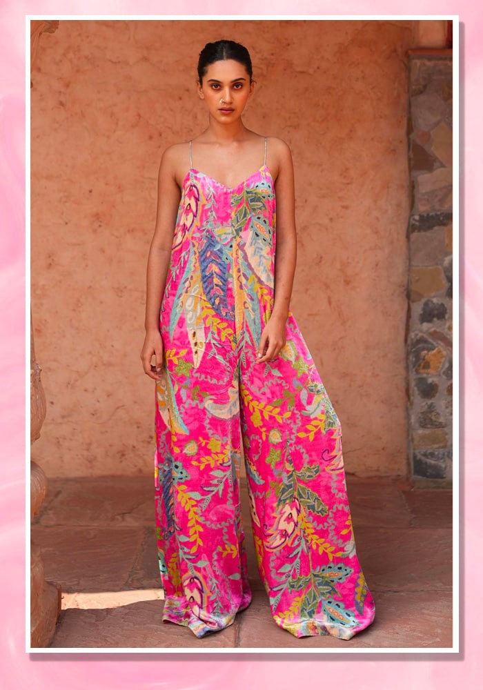 RUHR INDIA
Fuchsia Silk Velvet Floral Print Flared Jumpsuit