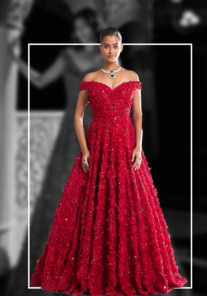 Red Net Floral Embroidered Gown | Aza Fashions