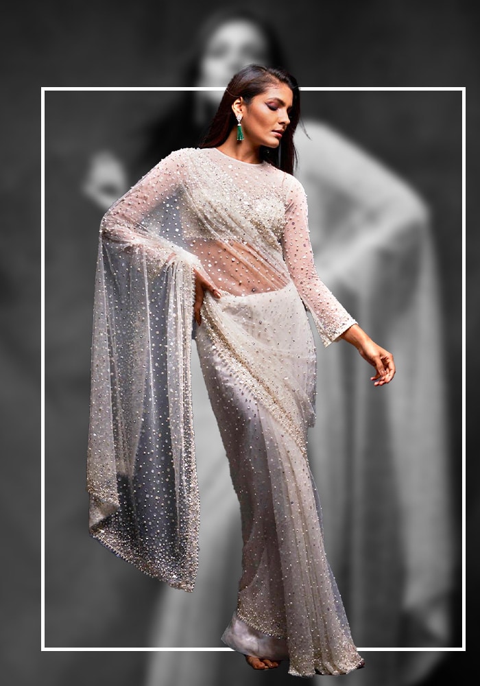 Seema Gujral White Net Embellished Saree | Aza Fashions