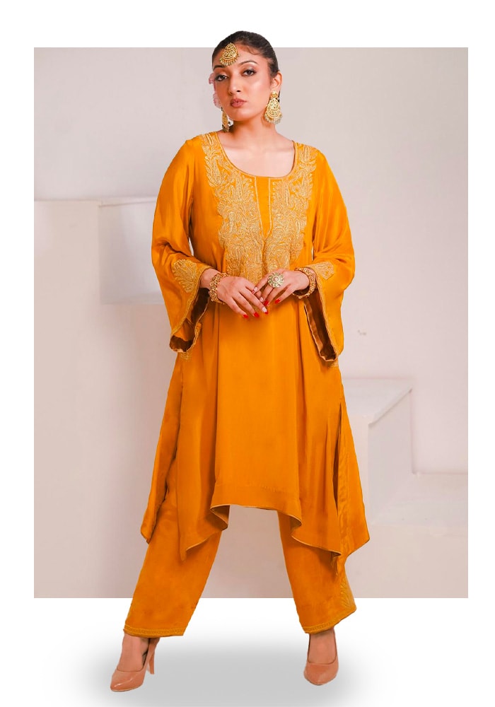 Yellow Crepe Asymmetric Tilla Embroidered Phiran With Pant