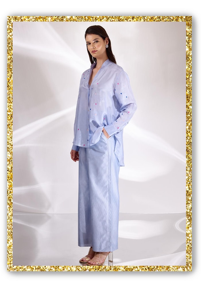 Blue Habutai Silk Embroidered Oversized Shirt
