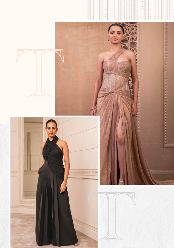 Black Crinkle Tulle Draped Jumpsuit and Gold Tulle Embroidered Draped Gown at Aza Fashions