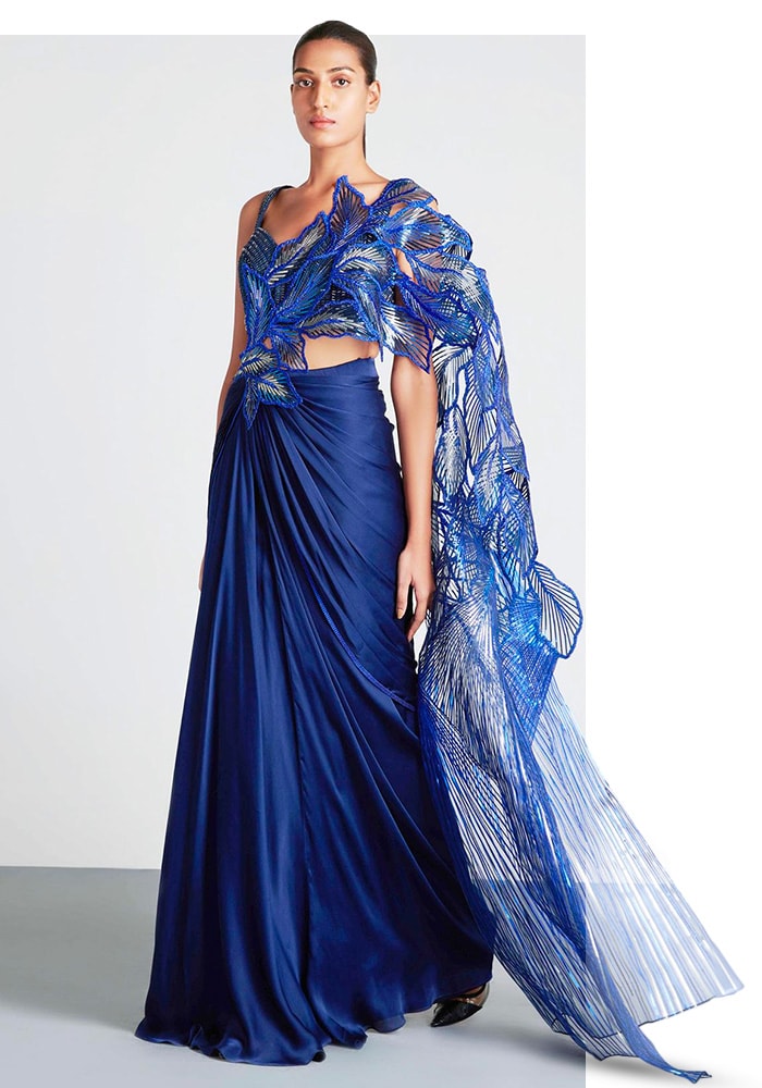 Amit Aggarwal Blue Chiffon Metallic Pre-draped Saree