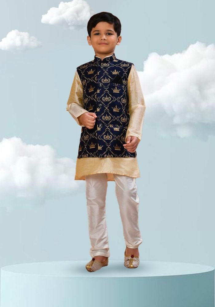 Blue Crown Pattern Embroidered Jacket For Boys