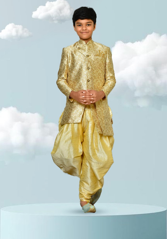 Cream Floral Pattern Sherwani Set For Boys