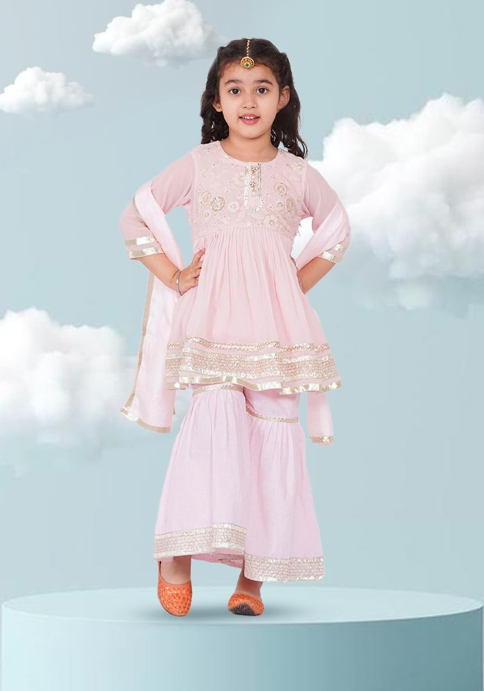 Pink Floral Embroidered Kurta Sharara Set For Girls