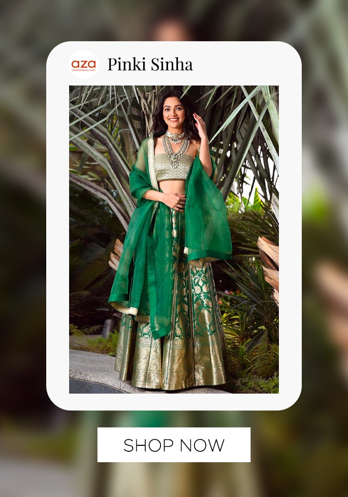 Green Pure Silk Floral Pattern Lehenga Set | Aza Fashions