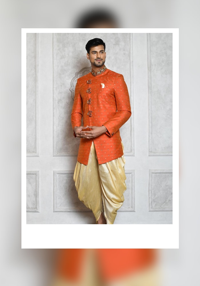 Orange Geometric Butti Pattern Sherwani With Draped Pant