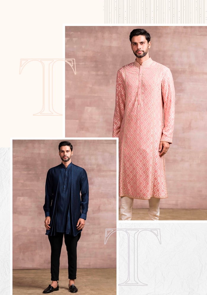 Pink Georgette Embroidered Kurta Set and Blue Silk Textured Kurta Set at Aza Fashions