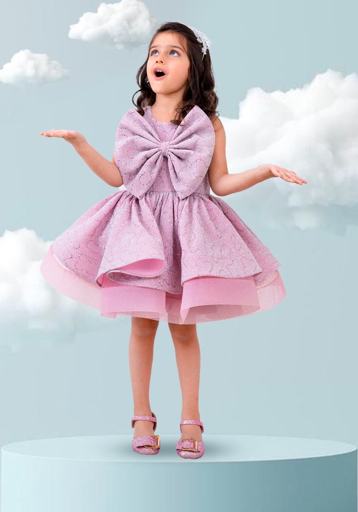 Pink Exaggerated Bow Sequin Work Dress For Girls