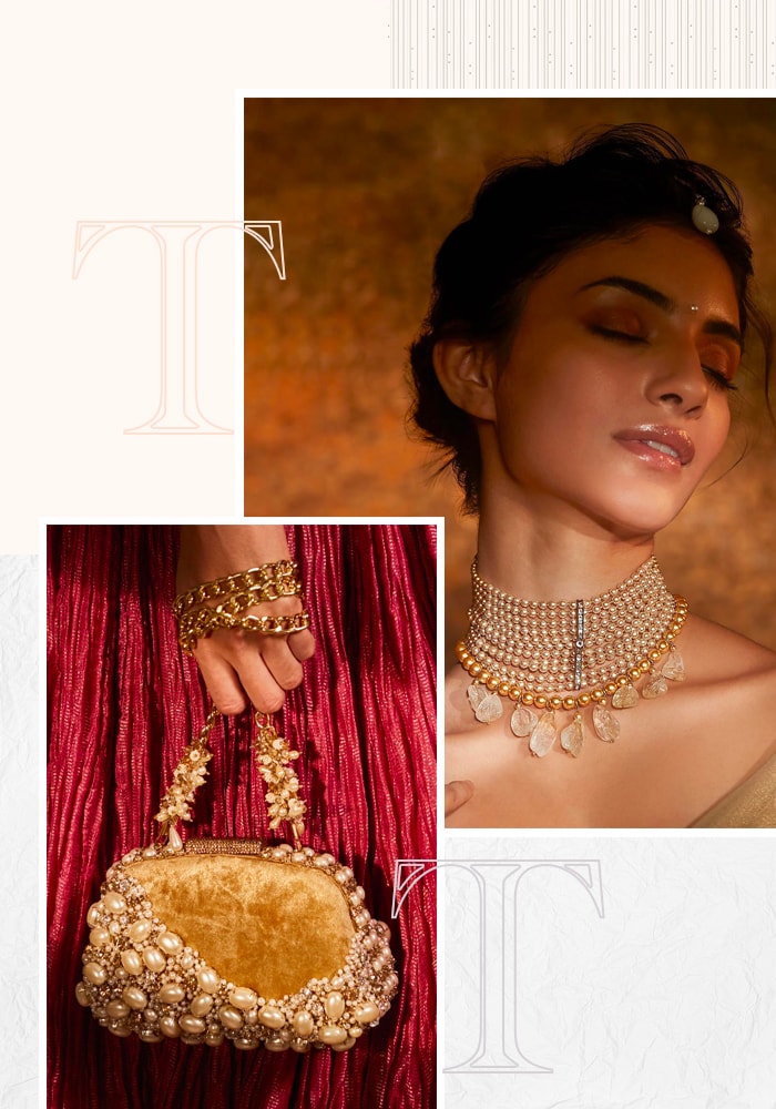 Tarun Tahiliani | Velvet Clutch With Sling and Pearl Layered Choker