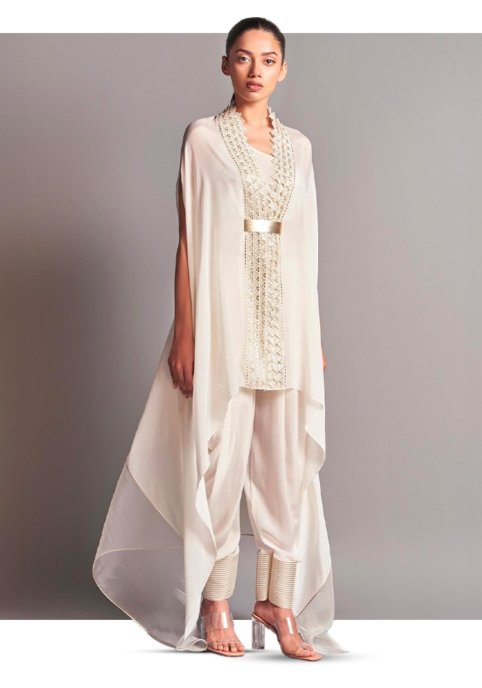 White Crepe Asymmetric Cape