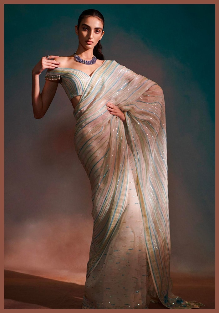 White Sheer Silk Sequin Striped Saree Set