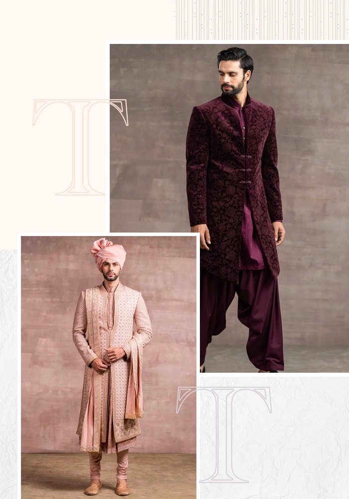 Tarun Tahiliani | Wine Velvet Floral Pattern Sherwani Set and Peach Georgette Chikankari Sherwani Set