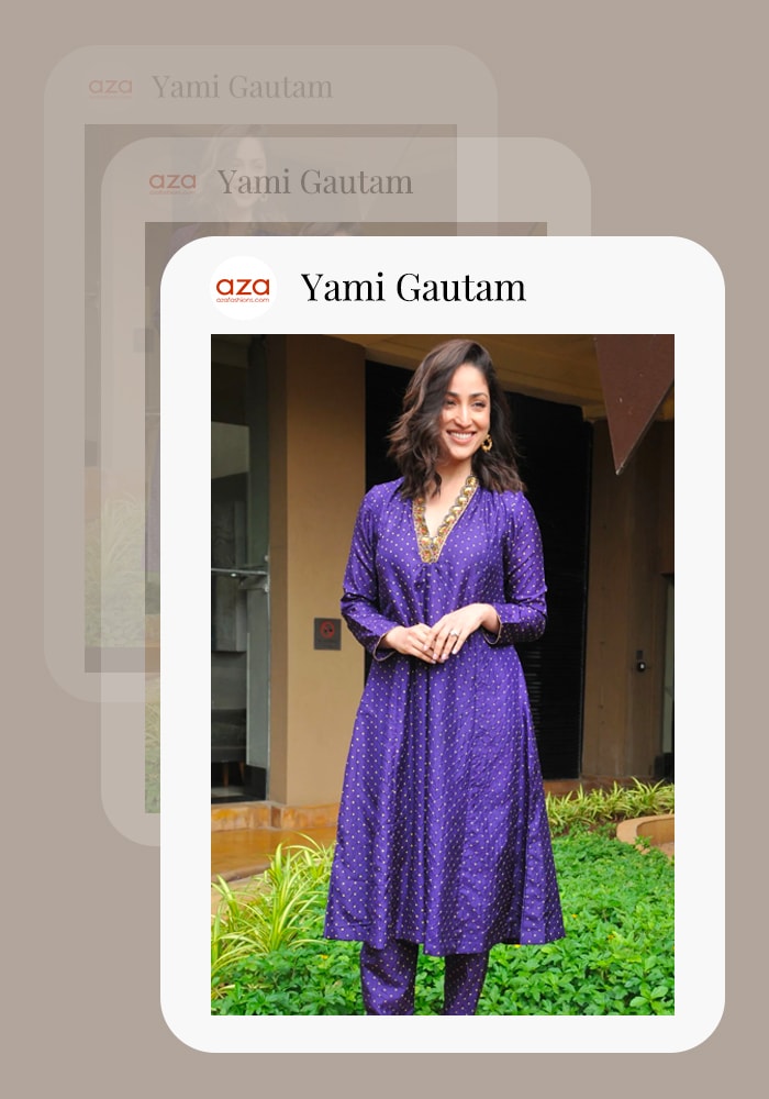 Yami Gautam in a purple kurta set with delicate gold jewelry