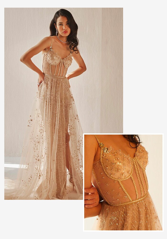 Beige Net Floral Embroidered Gown