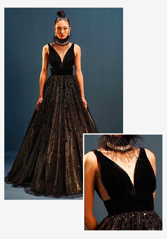 Black Shimmer Chiffon Vintage Wallpaper Print Gown