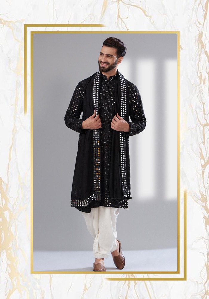 Black embellished kurta with stole for men | Aza Fashions