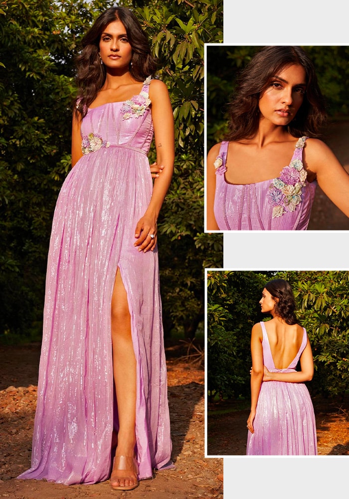 Captivating Purple 3D Floral Embroidered Gown