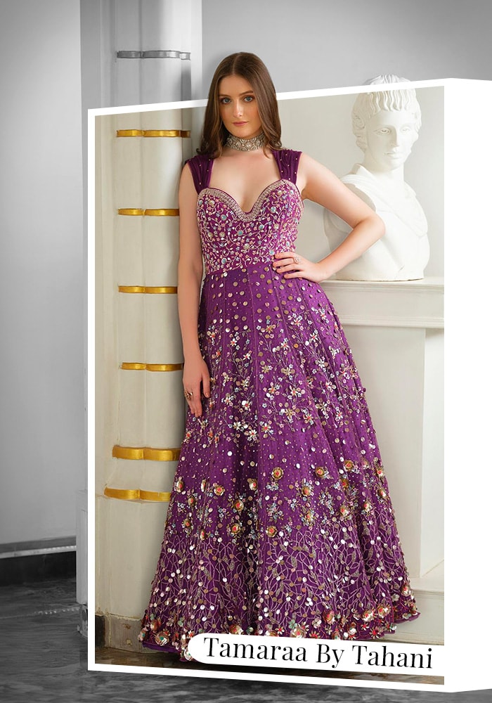 Embrace the allure of destination weddings with this vibrant purple gown