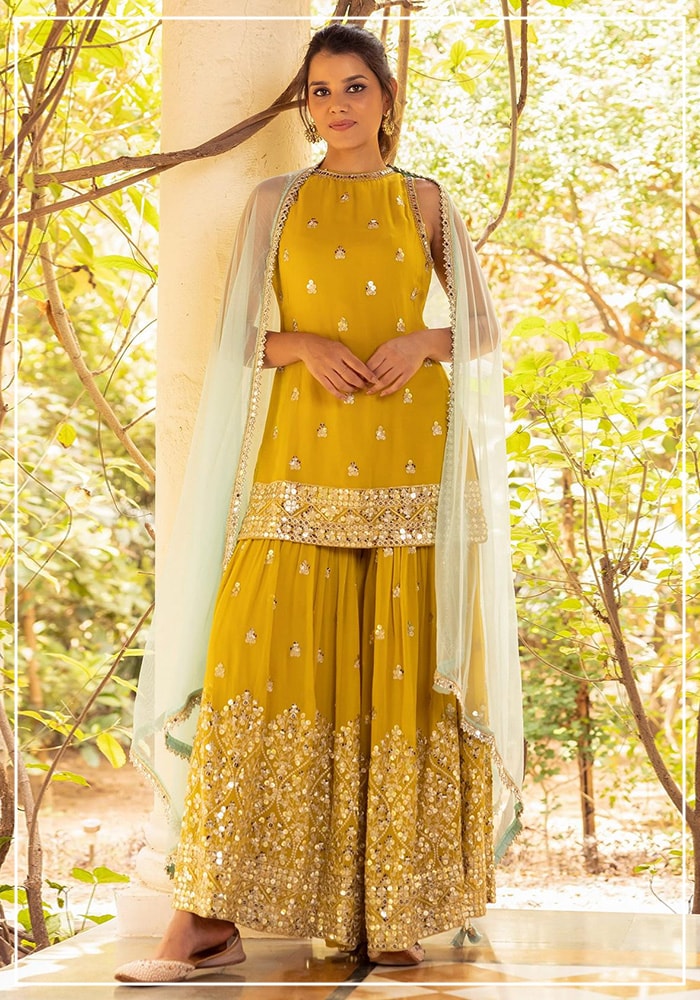 Yellow Georgette Sequin Work Kurta Sharara Set by Basanti - Kapde aur Koffee