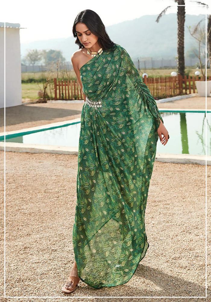 Green Georgette Leaf Cluster Print One Shoulder Kaftan