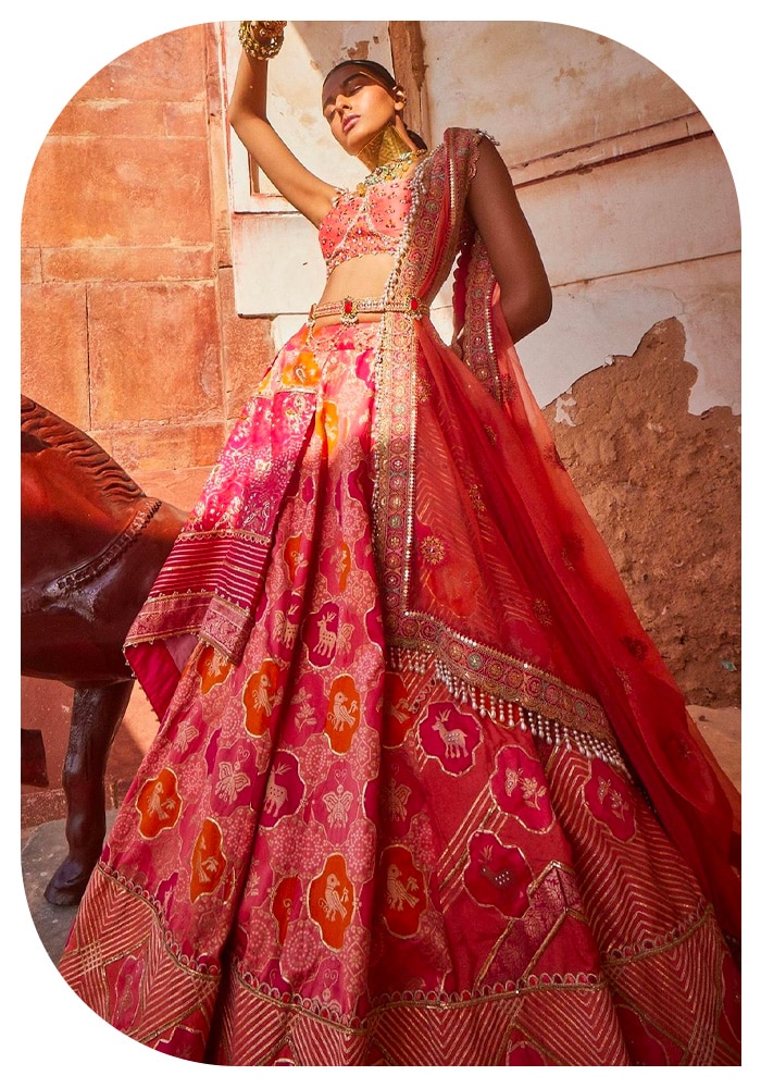 Aditi Gupta- Coral Banarasi Designer Lehenga