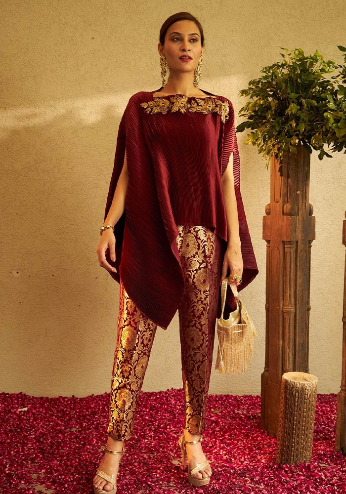 Maroon cape with floral, sequin embroidered neckline