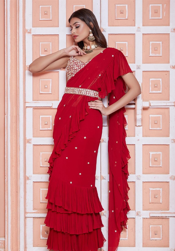 Embroidered pattern pre-draped lehenga sarees