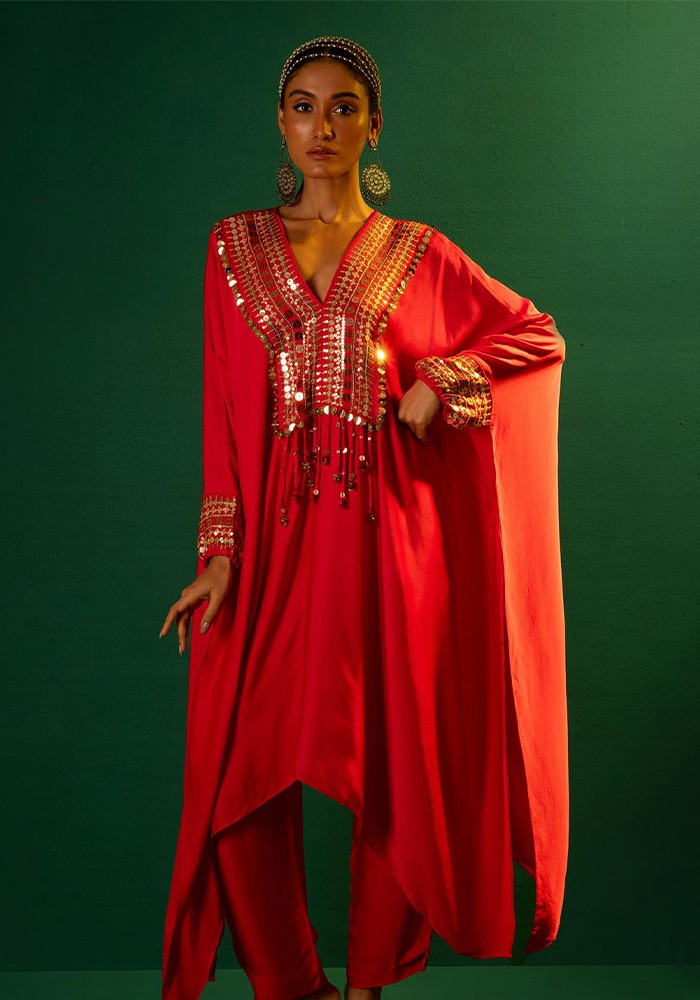 Red satin kaftan with mirror and sequins hand embroidery.