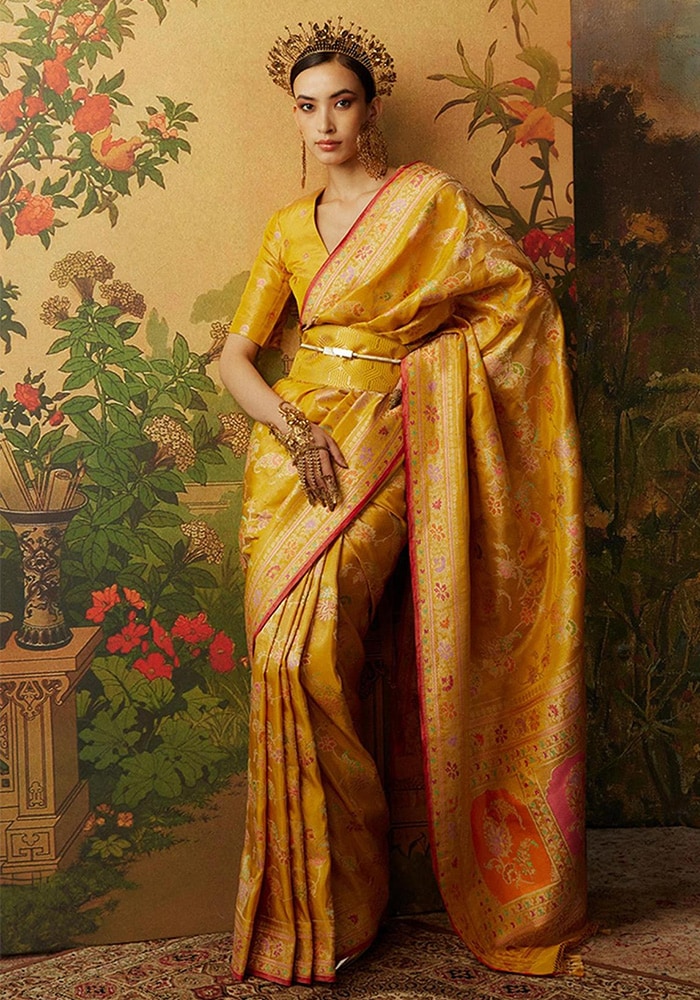 Yellow Tissue Handwoven Saree for Women