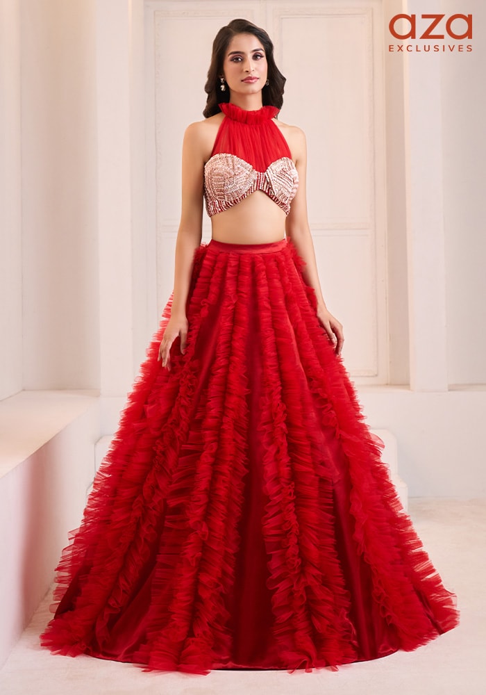 Red Lehenga by Masumi Mewawalla Rang