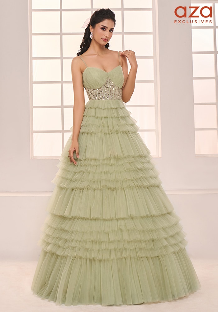 Sage Green Ruffle Lehenga From Masumi Mewawalla