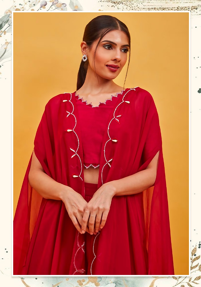 Romancing Red 2 -Hand Embroidered Cape Palazzo Set