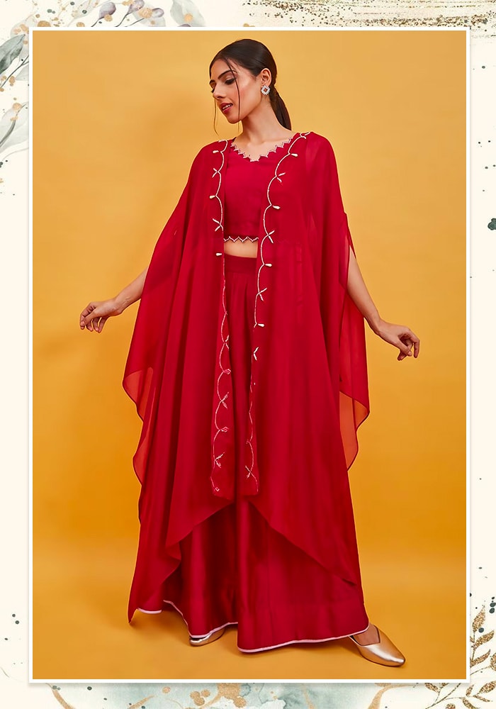 Romancing Red - Sandhya Shah Hand Embroidered Cape Palazzo Set