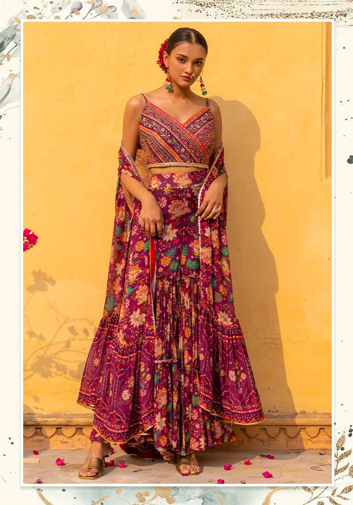 Wine Georgette Printed Floral V Neck Cape Sharara Set: 